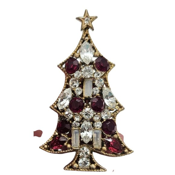 Regency Gold Tone Red Clear Rhinestone Christmas Tree Brooch Signed, J5 - Picture 3 of 11